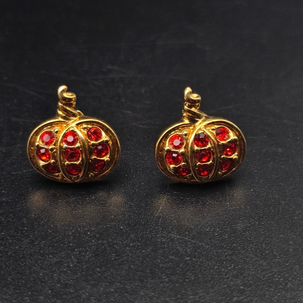 Avon 1993 Precious Pumpkin Earrings Orange Rhinestone Studs Halloween